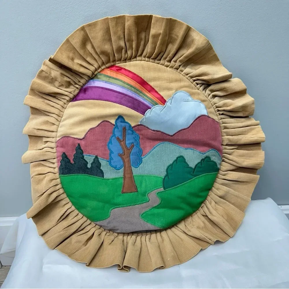Vintage Corduroy‎ Colorful Landscape Accent Pillow with Ruffled Edge